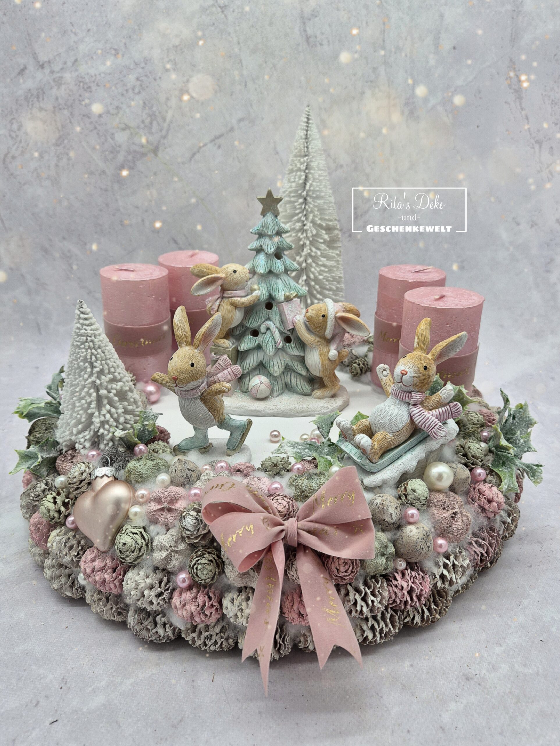 Winterzauber mit Hasen – Adventskranz in Rosa & Pastelltönen